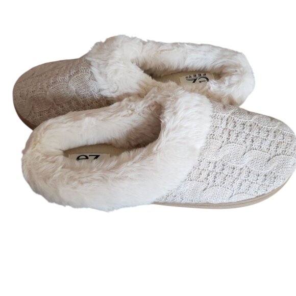 EZ Feet Cable Knit Faux Fur Lined Slippers Cream Size 7/8 - Picture 4 of 10